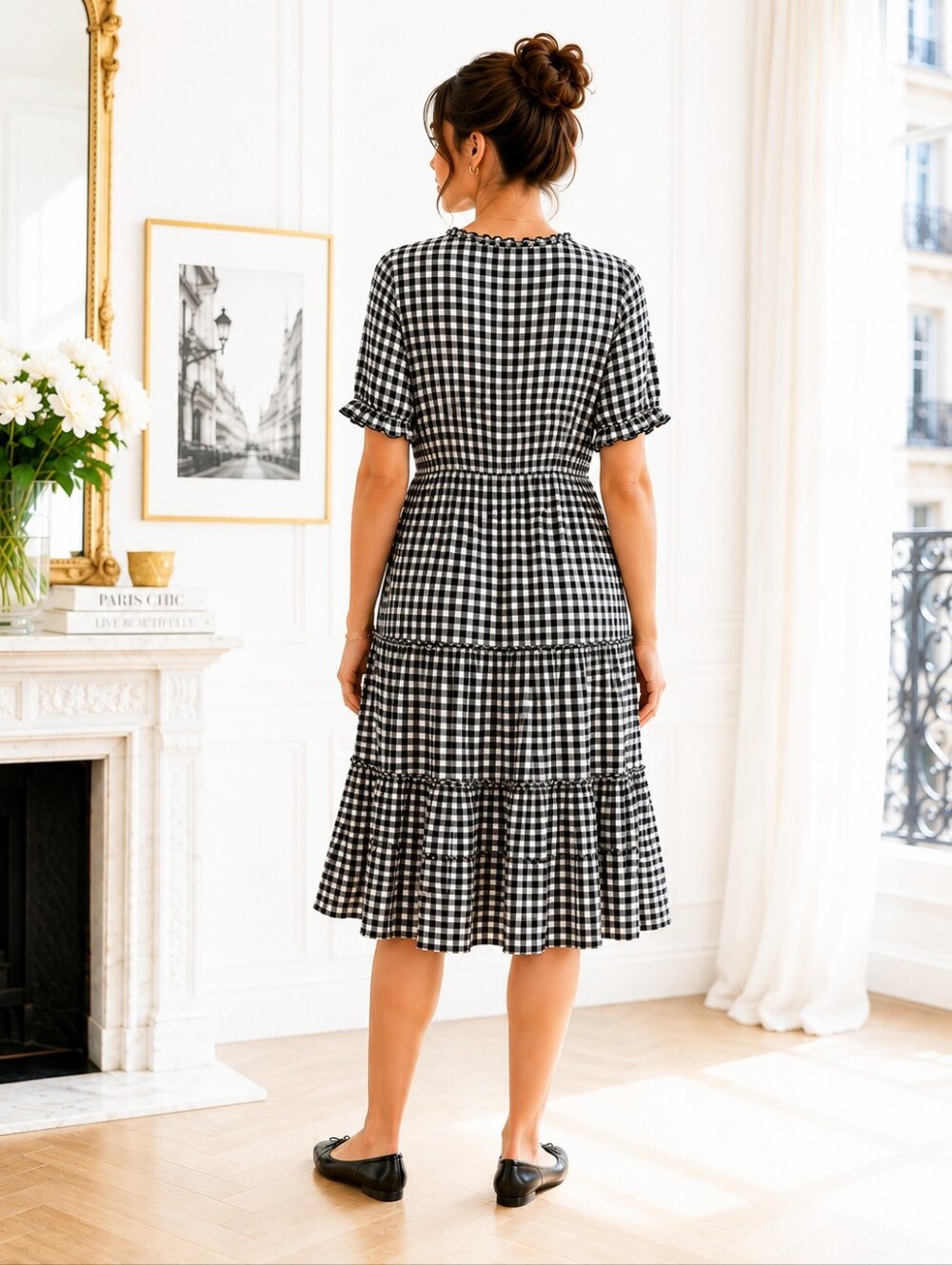 Seasty | Black & White Gingham Tiered Midi Dress | Size Medium | Cottagecore - Picture 2 of 9